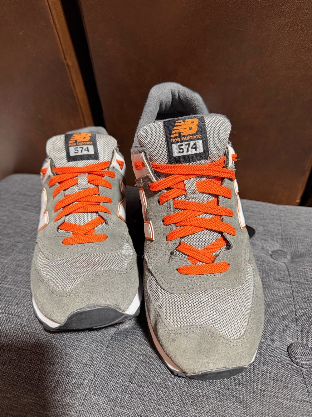 New Balance Gray Suede & Mesh Sneakers with Orange Accents - Picture 2 of 7